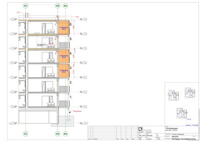 Snittegning som viser bygningens tverrsnitt med etasjer, romfordeling og konstruksjonsdetaljer.