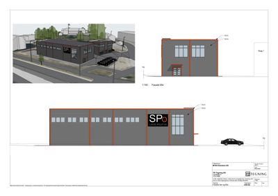 Bildet viser fasadetegninger for en bygning sett fra øst og sør, inkludert 3D-visualiseringer og tekniske detaljer.