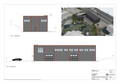 Tegning som viser fasadeopprikk for bygningens nord- og vestsider.