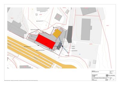 Situasjonsplan som viser tomtens beliggenhet i forhold til nabolag, veier og topografi.