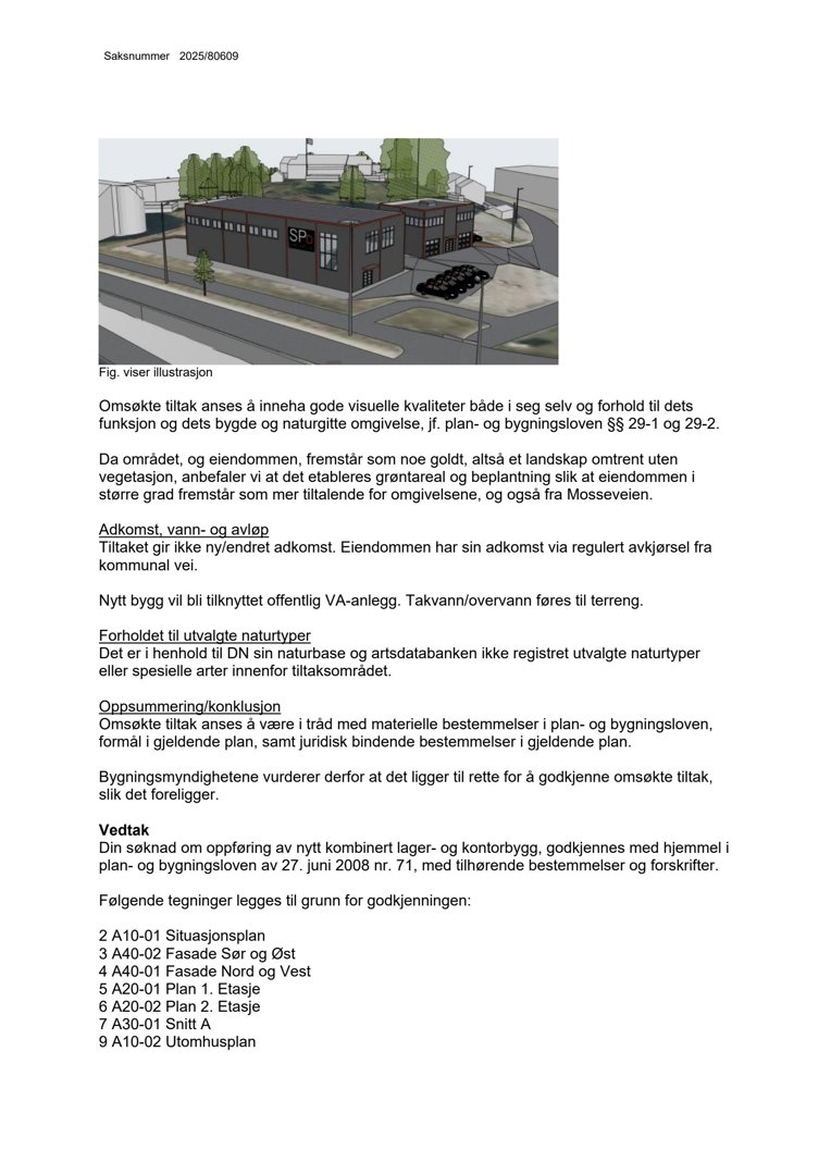3D-visualisering av et nytt kombinert lager- og kontorbygg med omgivelsene, inkludert parkeringsplass og vei.