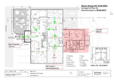 Etasjeplan (PLAN 1. ETG) som viser romfordeling, arealer og brannkonsept for et bygg.