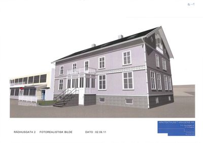 Fotorealistisk 3D-visualisering av et hus med tilhørende bygning.