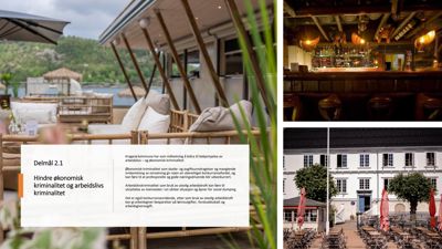 Fotografi av en bygning med utendørs sitteområde, bar og fasade.