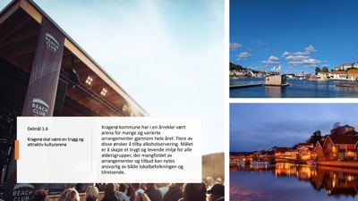 Et collage av tre bilder som viser en utendørs scene (venstre), en havneby (øvre høyre) og en havn ved kveldstid (nedre høyre).