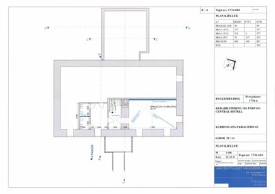 Plantegning av kjelleretasje (PLAN KJELLER) for rehabilitering og påbygg av Central Hotell.