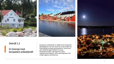 Et sammensatt bilde (collage) som viser tre ulike fotografier av bygninger og et landskap, samt en tekstblokk med overskrift og innhold.