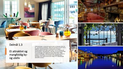 Et collage av fire bilder som viser interiør og utsikt fra et restaurant- eller kaféanlegg, samt en tekstblokk med delmål for byutvikling.