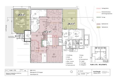 Etasjeplan (PLAN U. ETG.) for en bygning, som viser romfordeling, arealer og funksjoner.