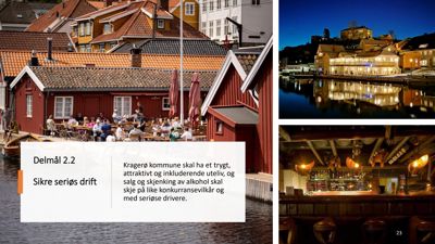 Et sammensatt bilde (collage) som viser tre ulike fotografier av en bygning ved vannet: en dagtidsscene med uteplass, en nattscene med lysrefleksjoner, og en innendørs scene av et barområde.