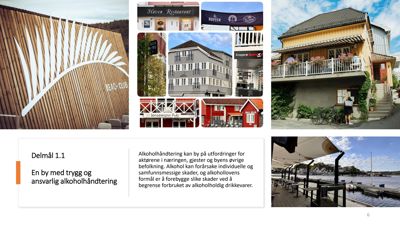 Et collage av flere bilder som viser ulike bygninger, fasader og utendørsområder, sannsynligvis fra en presentasjon om alkoholhåndtering i bymiljø.