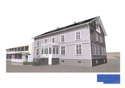 Fotorealistisk 3D-visualisering av et hus med tilhørende bygning.