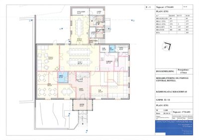 Etasjeplan (PLAN 1 ETG) for en byggesak, som viser romfordeling, arealer og funksjoner.
