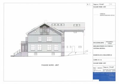 Fasadetegning (omriss) av eksisterende bygning sett fra nord-øst.