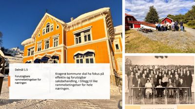 Et collage med tre bilder: en stor bilde av en gul bygning, et bilde av en gruppe mennesker foran en rød bygning, og et gammelt gruppebilde.