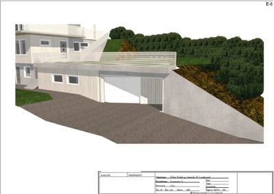 3D-visualisering (perspektiv) av en garasje og del av en bolig med omgivende terreng.
