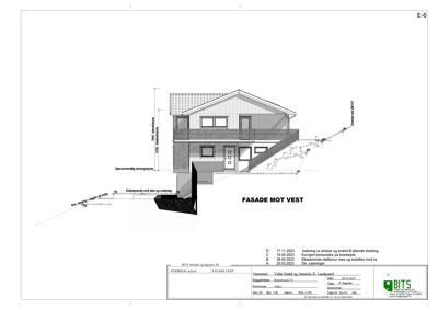 Fasadetegning av bygning sett fra vest med mål og notasjoner