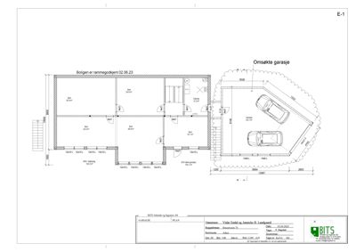 Etasjeplan for en bolig og en tilhørende garasje, med romfordeling og mål.