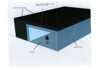 3D-visualisering av en bygning med en ny garasje og eksisterende støttemur.