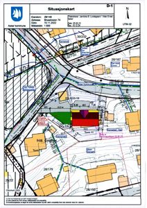 Situasjonskart som viser eiendomsnummer, adresse, nabotomter og bygningers plassering i forhold til veier og andre eiendommer.