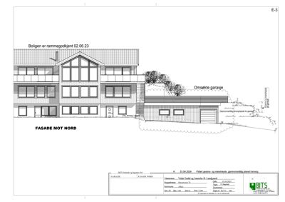 Fasadetegning av en bolig med garasje, sett fra nord.