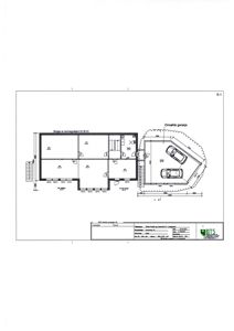 Etasjeplan (E-1) som viser romfordeling, veggtykkelse og en omsøkt garasje.