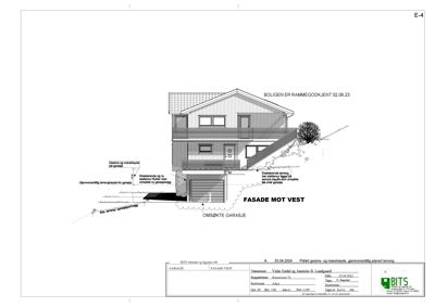 Fasadetegning av en bolig sett fra vest, med detaljer om terrassering og garasje.
