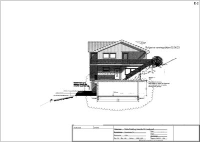 Snittegning av en bolig som viser etasjer, tak, grunnmur og terrengforhold.