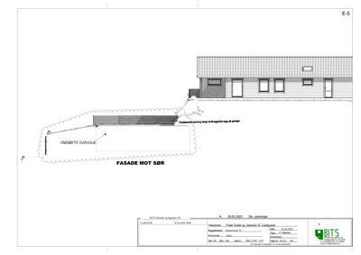 Fasadetegning av en bygning sett fra sør, med merking av 'FASADE MOT SØR' og 'OMSØKTE GARASJE'.