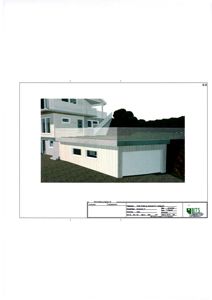 3D-visualisering av en planlagt bygning med en moderne fasade og et tilhørende garasjeanlegg.