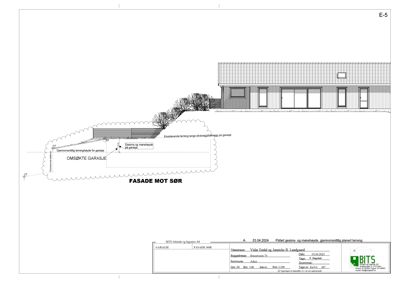 Fasadetegning av en garasje sett fra sør, med detaljer om terreng og høyder.