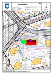 Situasjonskart som viser eiendomsnummer, adresse, nabotomter, veier og bygningers plassering i forhold til hverandre.