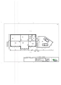 Etasjeplan (E-1) som viser romfordeling, veggtykkelse, dører, vinduer og bilplassering i en garasje.