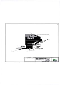 Fasadetegning av en bolig sett fra vest, med merking av 'FASADE MOT VEST' og 'OMGIVNDE GARASJE'.