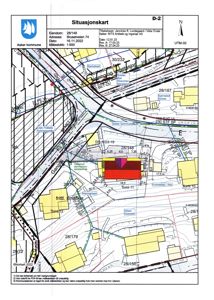 Situasjonskart som viser tomtens plassering i forhold til nabolag, veier og andre eiendommer.