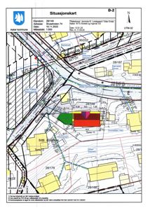 Situasjonskart som viser eiendomsnummer, adresse, naboeiendommer, vegnett og bygningsfotavtrykk.