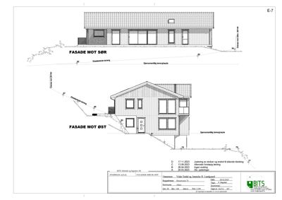 Fasadetegning som viser bygningens utseende sett fra sør og øst.