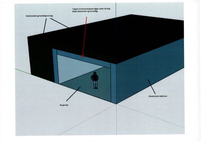 3D-visualisering av en bygning med garasje, inkludert terreng og støttemur.