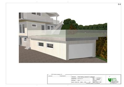 3D-visualisering av en garasje og fasade på en bolig.