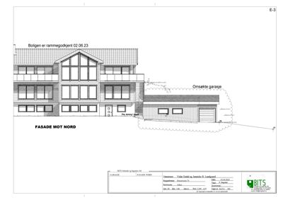 Fasadetegning av en bolig og en tilhørende garasje sett fra nord.