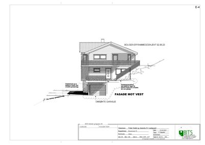 Fasadetegning av en bolig sett fra vest, med detaljer om garasje og utvendige endringer.