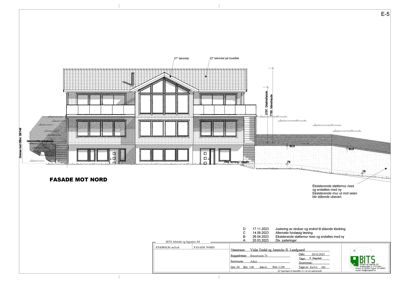Fasadetegning av en bolig sett fra nord med mål og konstruksjonsdetaljer