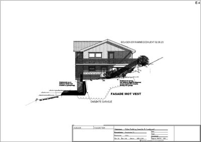 Fasadetegning av en bolig sett fra vest, med detaljer om garasje og terreng.