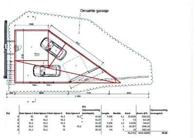 Situasjonsplan som viser en planlagt garasje med bilplasser, mål og høydeopplysninger.