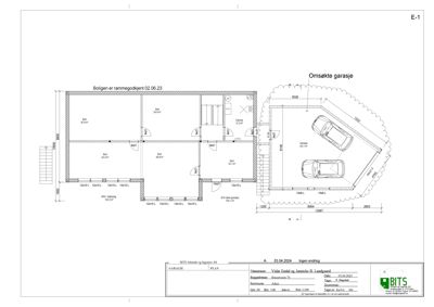 Etasjeplan for en bolig og en tilhørende garasje, med romfordeling og mål.