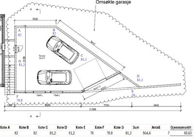 Etasjeplan eller situasjonsplan som viser plassering av en garasje med to parkeringsplasser, med målinger og koter.