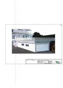 3D-visualisering av en hvit bygning med en moderne utvidelse, sett fra siden.