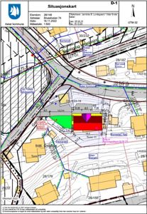 Situasjonskart som viser eiendomsnummer, adresse, naboeiendommer og bygningers plassering i forhold til veier og grunntoppografi.