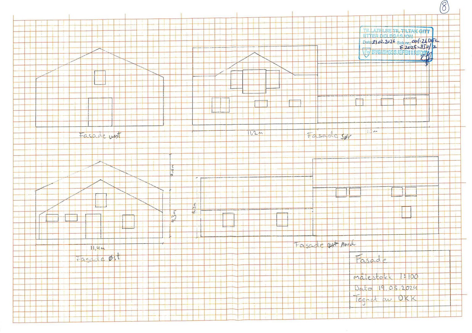 Fasadetegning som viser bygningens utseende fra fire sider (vest, sør, øst, nord) med mål og datostempel.