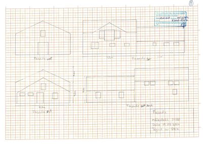 Fasadetegning som viser bygningens utseende fra fire sider (vest, sør, øst, nord) med mål og datostempel.